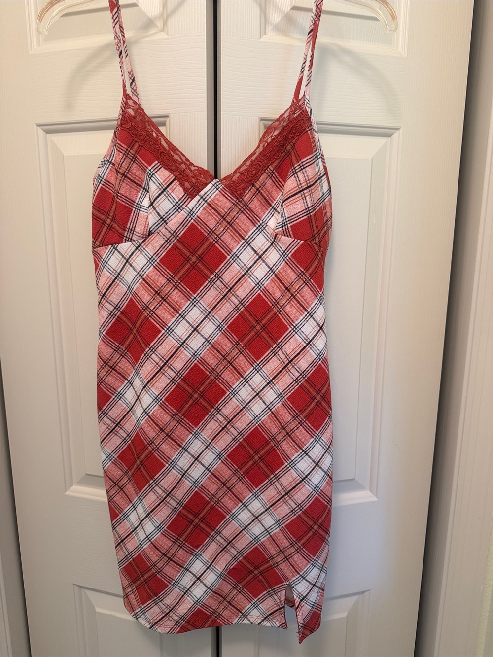 Almost Famous Red & White Plaid Lace-Trim Slip Dress